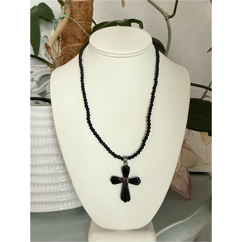 925 Sterling Silver Black Beaded Cross Necklace - Picture 6 of 9